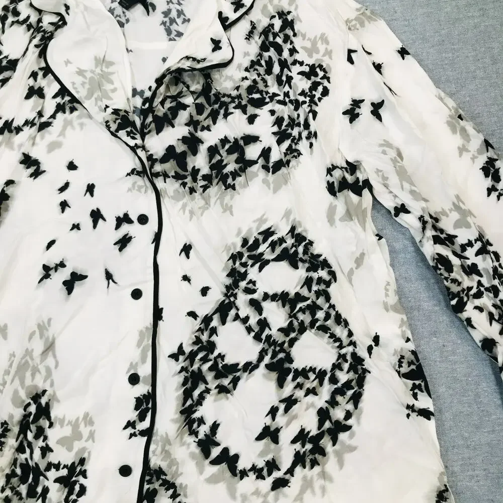 All Saints Women Medium Safi Orsino Pyjama Shirt White Black Skull Goth Flaw BC4